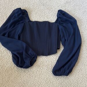 Navy Blue Puff Sleeve Bustier Blouse